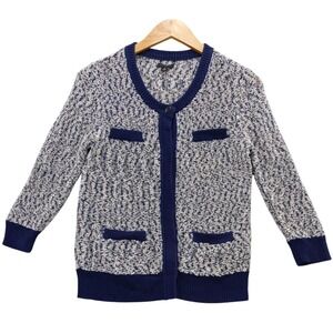 Ann Taylor Knit Cardigan Navy Blue White Textured Button Front Pockets Size M